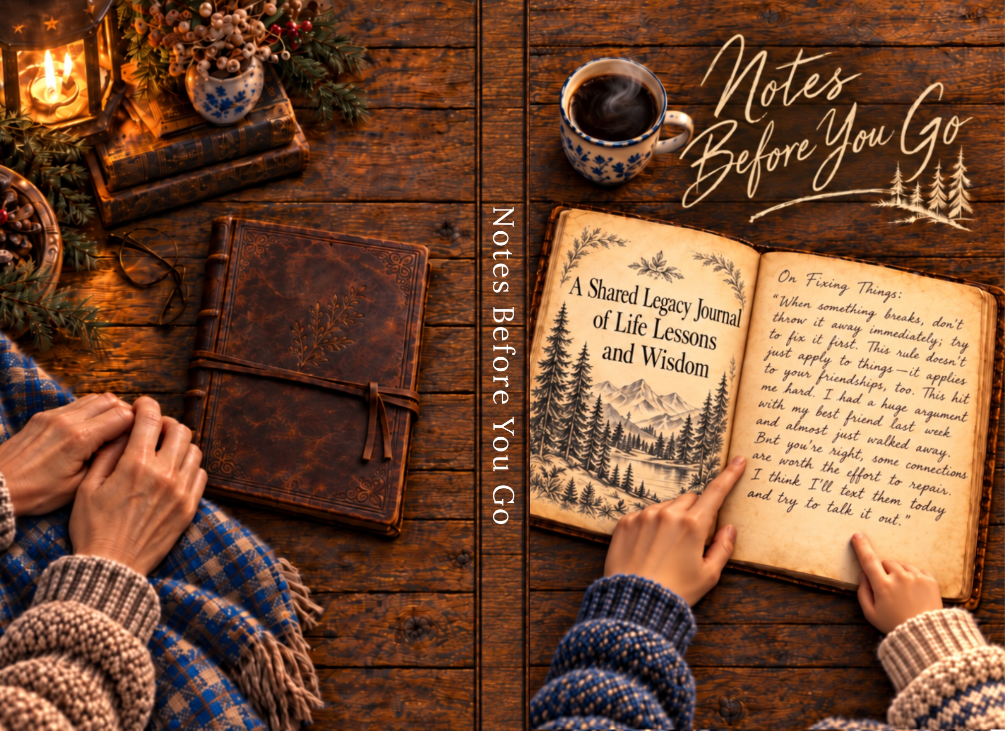 Full wraparound cover of Notes Before You Go on a rustic wooden table: an elder's hands beside a leather journal and lantern on the back, and a child's hands on an open journal of handwritten life lessons on the front